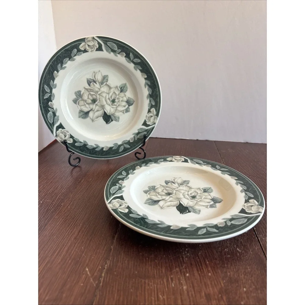 Tienshan Magnolia Belle Stoneware Salad Plates Set of 2 Green White Floral 8.25